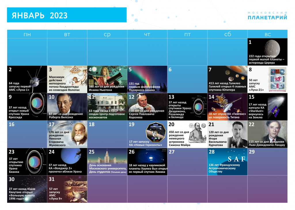 Астрономический календарь. Январь 2023